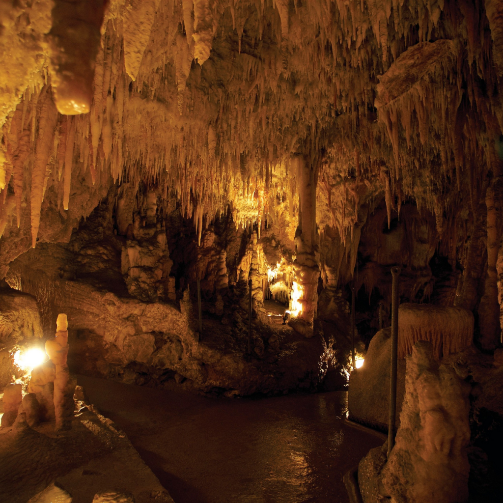 Image shows the inside of a cave with stalagmites and stalagtites. There are lights to help people find their way around.