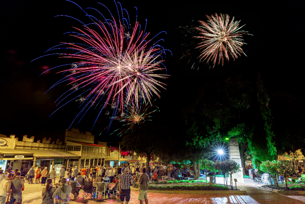 Crowded street in Coolamon observing fireworks at a New Years Eve event